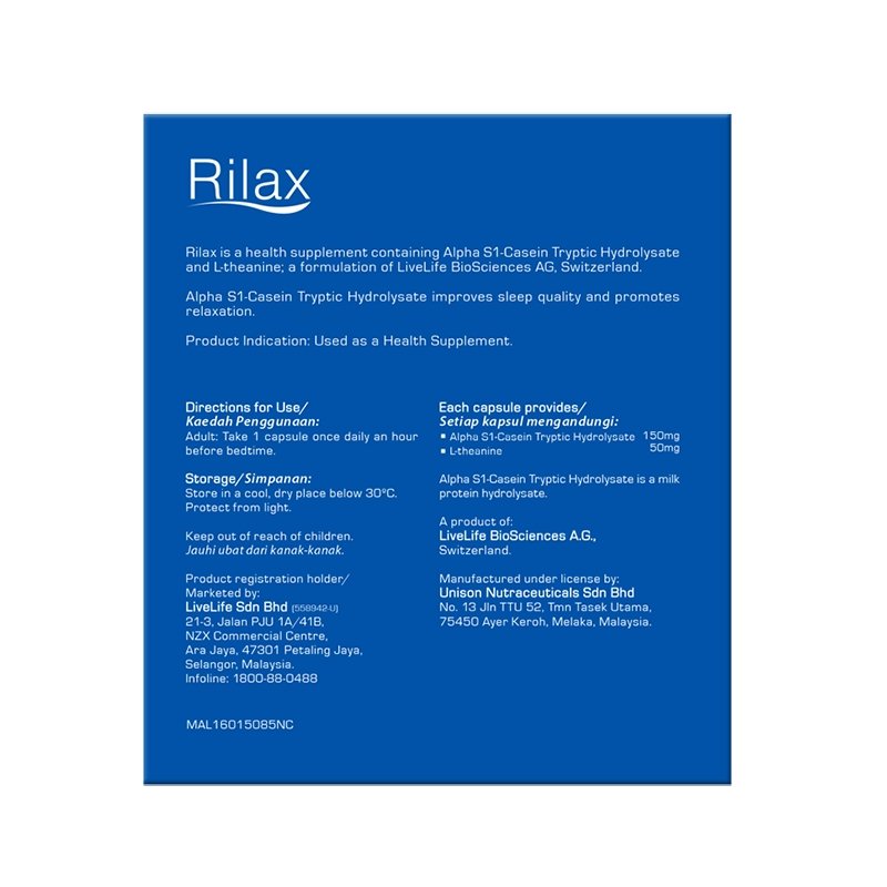 Rilax Natural Sleep Aid 24 + FREE 6 capsules (with Lactium & Suntheanine) - Rilax