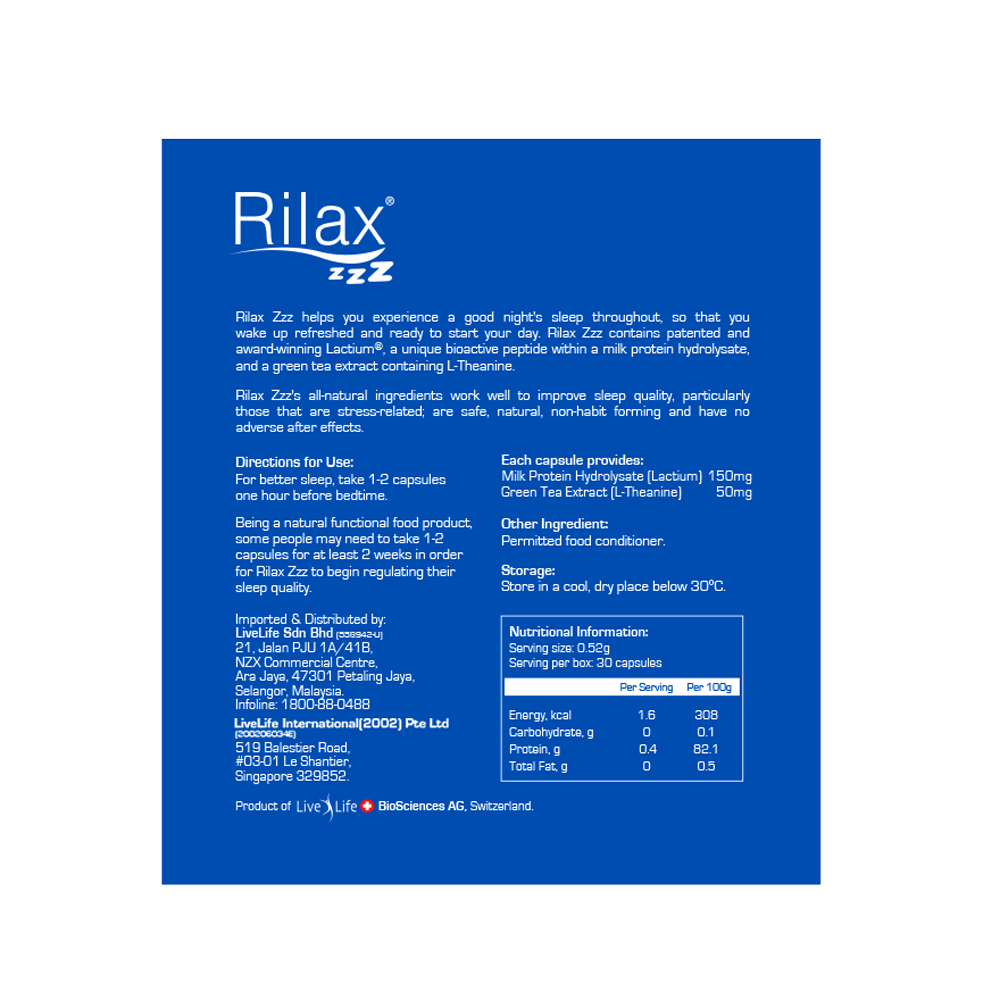 Rilax Natural Sleep Aid 24 + FREE 6 capsules (with Lactium & Suntheanine) - Rilax