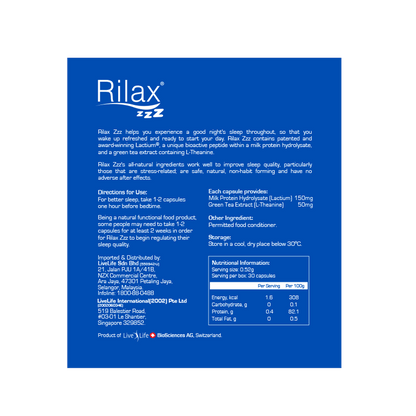 Rilax Natural Sleep Aid 24 + FREE 6 capsules (with Lactium & Suntheanine) - Rilax